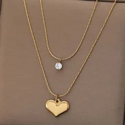 MYKI Gold-Plated Stainless Steel Layered Heart and Crystal Statement Necklace-picture-45