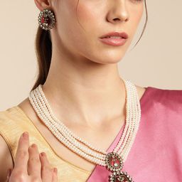 Anouk Gold Plated Kundan Studded Beaded Premium Layered Necklace Earring Set-42