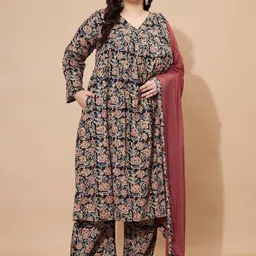 Vbuyz Black Floral Printed V-Neck Long Sleeves Regular Kurta With Trouser With Dupatta-picture-44