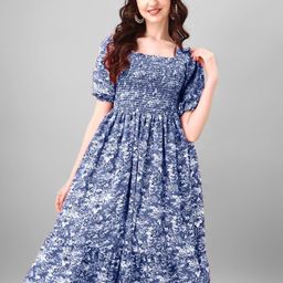 Femvy Women Floral Print Puff Sleeve Smocked Flounce Fit & Flare Midi Dress-image-77