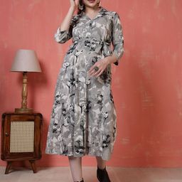 Nayo Shirt Collar Printed Cotton Shirt Midi Dress-image-94