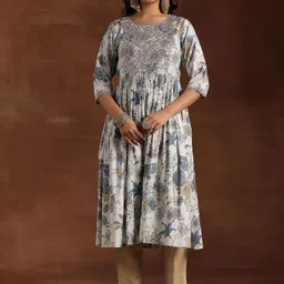 Libas Floral Printed Mirror Work High Slit Straight Kurta-23