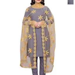 Kemza Pack Of 2 Floral Phulkari Pattern & Arco Lace Embroidered Net Dupatta-picture-23