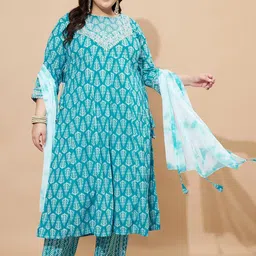KALINI Floral Printed Pure Cotton Kurta With Trousers & Dupatta-image-42