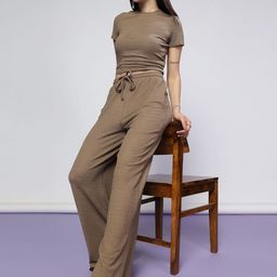 Selvia Textured Round Neck Top With Trousers Co-Ords-picture-29