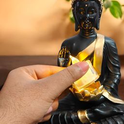 SkyKey Black & Gold-Toned Sitting Buddha Idol With Candle Holder Statue Showpiece-image-60