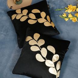 HOSTA HOMES Black 2 Pcs Anti-Odour Floral Printed Velvet Square Cushion Covers-97