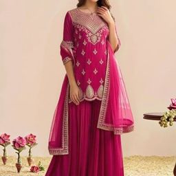 Moda Rapido Ethnic Motifs Embroidered Round Neck Sequinned Kurta With Sharara & Dupatta-image-39