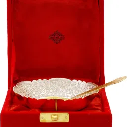 indianartvilla Silver Plated Gold Polished Decorative Embossed Flower Design Bowl And Spoon With Gift Box Festive Gifts Bowl, Spoon Serving Set image 3