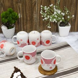 Femora Red & White 6 Pieces Floral Printed Ceramic Glossy Cups-14