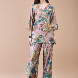 Shree Floral Printed V-Neck Three-Quarter Sleeves Top With Trouser-35