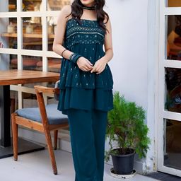 SANCIA Women Ethnic Motifs Embroidered Layered Sequinned Kurta with Palazzos & With Dupatta-18