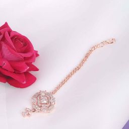 TANAIRA Rose Gold-Plated American Diamond Studded Maang Tikka Head Jewellery-image-78