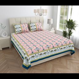 JAIPUR FABRIC Peach-Coloured & White Floral King Bedsheet with 2 Pillow Covers-image-42