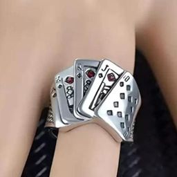 Zoey Silver-Plated Intricate Playing Cards Textured Adjustable Finger Ring-26