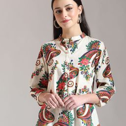 Yufta Print Mandarin Collar Puff Sleeve Cotton Peplum Top-picture-32