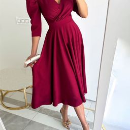 JC Mode Women Plunge Neck Puff Sleeves Wrap Midi Dress-image-94