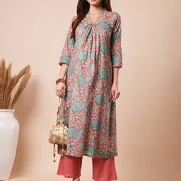 Globus Floral Printed Regular Thread Work Pure Cotton Kurta with Trousers-16