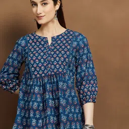 Melange by Lifestyle Floral Printed Notch Neck Pure Cotton Tunic-image-80