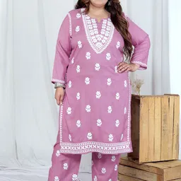 Doriyaan Women Plus Size Embroidered Chikankari Pure Cotton Kurta with Palazzos-picture-8