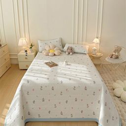 JC HOME White & Blue Printed 162 TC Double Bed King Cover With Pillow Covers-image-79