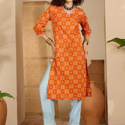 Sangria Women Orange Cotton Ethnic Motifs Printed Kurta-picture-19