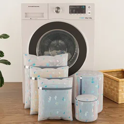 Kuber Industries White & Blue 6 Pieces Cactus Printed Reusable Laundry Bags With Zipper-41