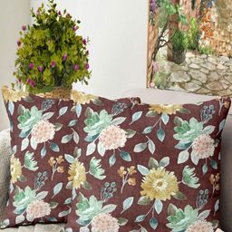 Blue Grass Maroon & Pink 2 Pieces Floral Printed Velvet Square Cushion Covers-image-20
