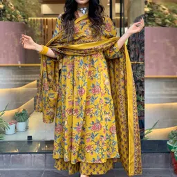 KALINI Floral Printed V-Neck Pleated A-Line Kurta With Palazzo And Dupatta-15