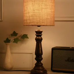 green girgit Brown Textured Wood Cylindrical Shaped Table Lamp with Bulb-26
