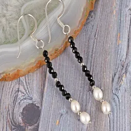Nirvana 925 Sterling Silver Rhodium Plated Pearls Beaded Geometric Drop Earrings-7