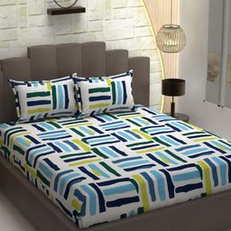 Banchmark Home Furnishings White & Blue Geometric 300 TC King Bedsheet with 2 Pillow Covers-image-87