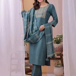 KALINI Women Woven Design Embroidered Kurta with Trousers & Dupatta-picture-46