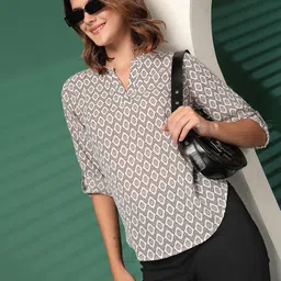 EVERYDAY by ANI Women Printed Mandarin Collar Roll-Up Sleeves Crepe Top-picture-48
