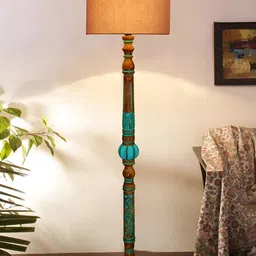 Devansh Beige & Blue Floor Cylinder Shaped Wooden Traditional Floor Lamp-image-68
