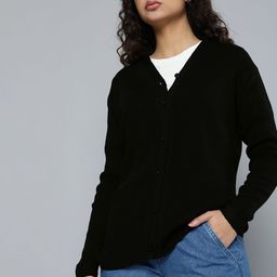 ether Women Black Ribbed Shawl Collar Acrylic Cardigan-3