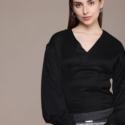 French Connection V-Neck Cuffed Sleeves Gathered or Pleated Satin Empire Top-image-87