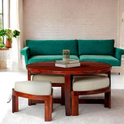 Ikiriya Red Textured Wooden Honey Finish Round Coffee Table With Stool and Cushions-2