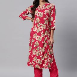 Readiprint Fashions Women Floral Printed Angrakha Sequinned Pure Silk Kurta with Trousers-picture-43