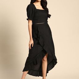 Anayna Women Black Solid Balloon Sleeves Top With Ruffled Wrap Skirt-45