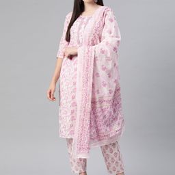 Readiprint Fashions Floral Printed Zari Pure Cotton Kurta With Trousers & Dupatta-image-54