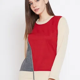 Belle Fille Women Red & Charcoal Grey Colourblocked Sweatshirt-image-2