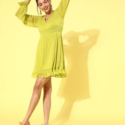 plusS Women Attractive Lime Green Self Design Smocked Dress-image-15