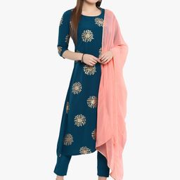 Janasya Blooming Flower Golden Foil Kurta Set with Dipped Hemline-39