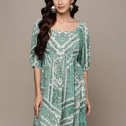 Label Ritu Kumar Sea Green & White Ethnic Motifs A-Line Dress-image-90