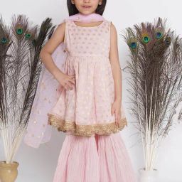 Little Bansi Kids Light Pink Floral Print Kurta, Sharara, with Dupatta-image-57