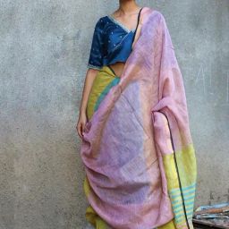 Chidiyaa Nazm Lilac Oceanic Blue Yellow Handwoven Linen Zari Saree Gazala-picture-12