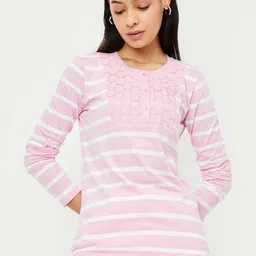 max Women Striped Printed Round Neck Cotton T-shirt-image-2