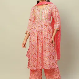 Rangriti Floral Embroidered Gotta Patti Straight Kurta With Palazzo & Dupatta-image-25