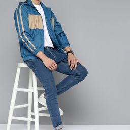 Mast & Harbour Men Teal Blue & Beige Colourblocked Tailored Jacket-image-97
